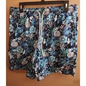 Nautica Men's Swim Trunks Blue Floral Tropical Hawaiian Drawstring Size M